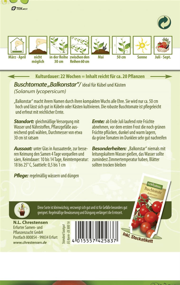 Tomatensamen 'Balkonstar' - Chrestensen - Pflanzen > Saatgut > Gemüsesamen > Tomatensamen - DerGartenmarkt.de shop.dergartenmarkt.de