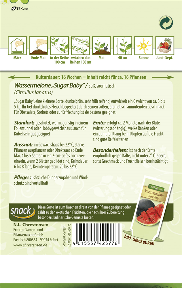 Wassermelonensamen 'Sugar Baby' - Chrestensen - Pflanzen > Saatgut > Obstsamen > Melonensamen - DerGartenmarkt.de shop.dergartenmarkt.de