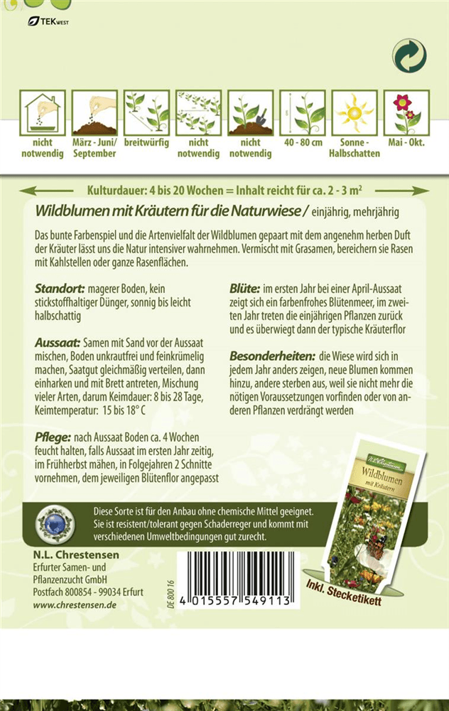 Wildblumen-Kräuter-Wiese-Samen - Chrestensen - Pflanzen > Saatgut > Blumensamen > Blumensamen-Mischungen - DerGartenmarkt.de shop.dergartenmarkt.de