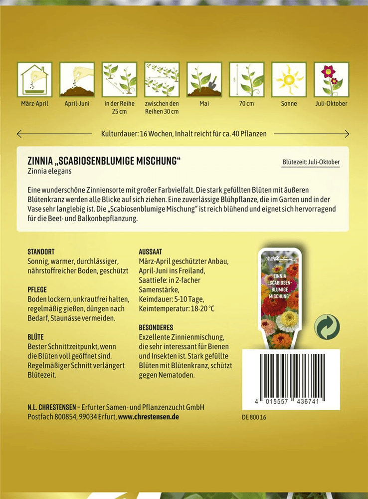 Zinniensamen - Chrestensen - Pflanzen > Saatgut > Blumensamen > Blumensamen, einjährig - DerGartenmarkt.de shop.dergartenmarkt.de