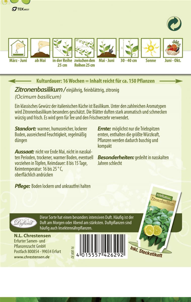 Zitronenbasilikumsamen - Chrestensen - Pflanzen > Saatgut > Kräutersamen > Basilikumsamen - DerGartenmarkt.de shop.dergartenmarkt.de