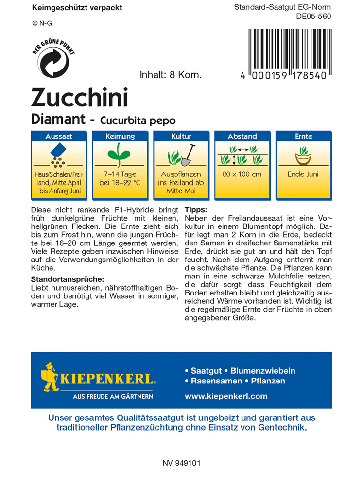 Zucchini 'Diamant F1' - Kiepenkerl - Pflanzen > Saatgut > Gemüsesamen > Zucchinisamen - DerGartenmarkt.de shop.dergartenmarkt.de