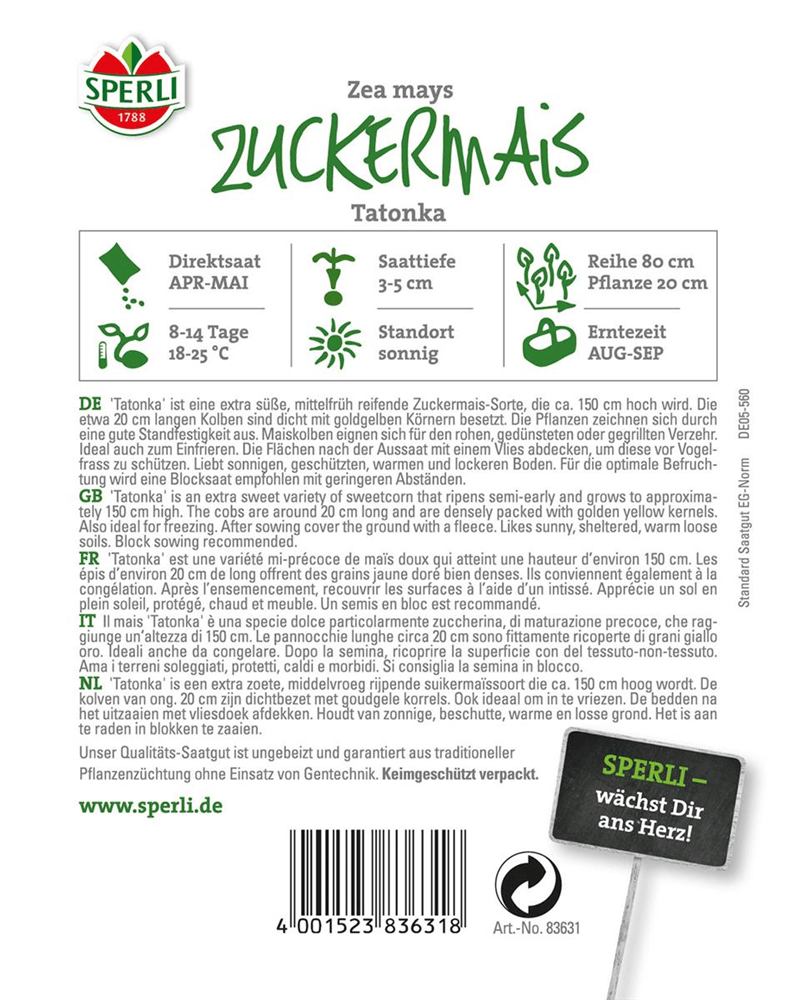 Zuckermais 'Tatonka F1' - Sperli - Pflanzen > Saatgut > Gemüsesamen - DerGartenmarkt.de shop.dergartenmarkt.de